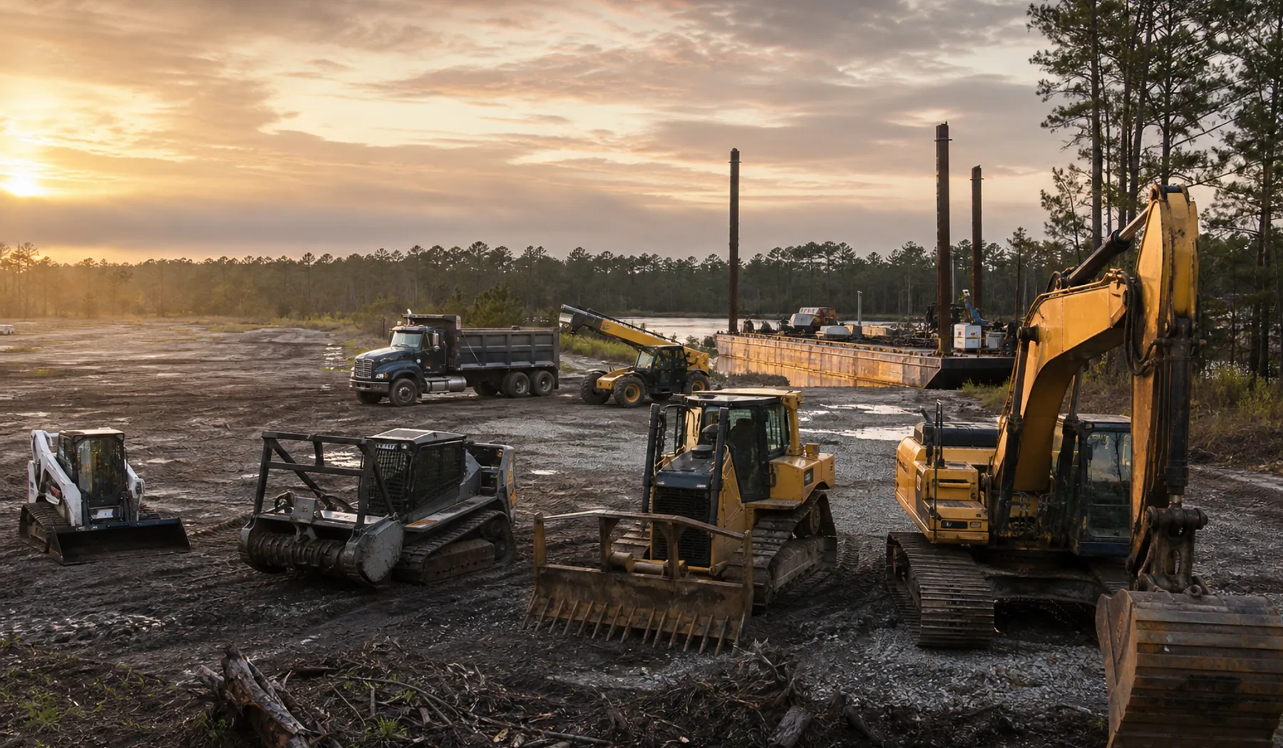 Andromeda Construction owned heavy equipment fleet at an Eastern North Carolina jobsite