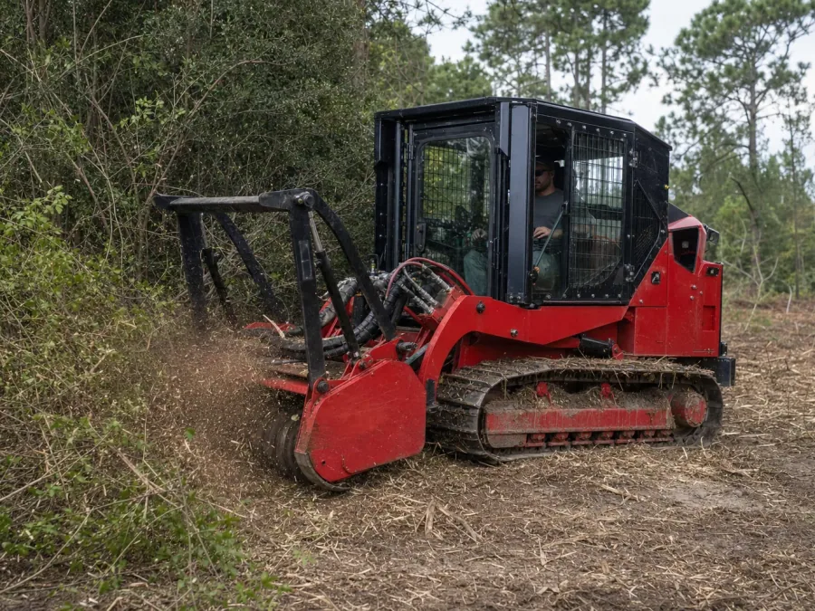 Red and black Fecon FTX148 forestry mulcher working through brush