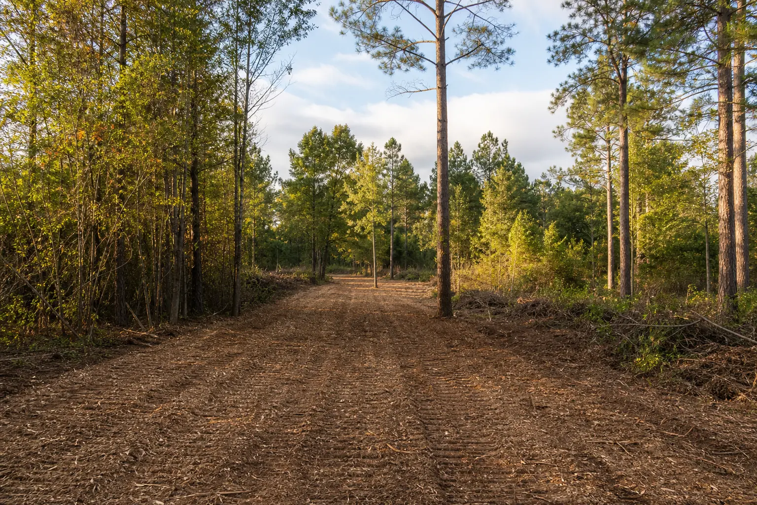 Finished forestry mulching access lane through pine woods