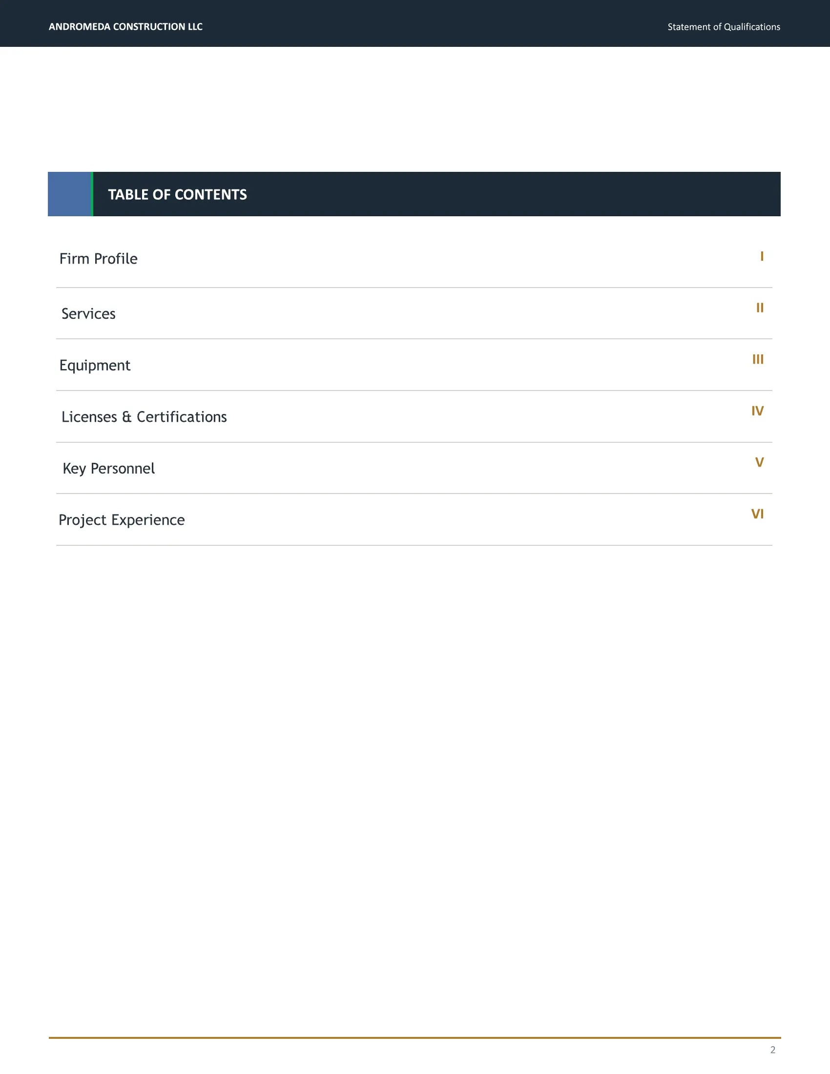 Statement of Qualifications page 2 — Table of Contents