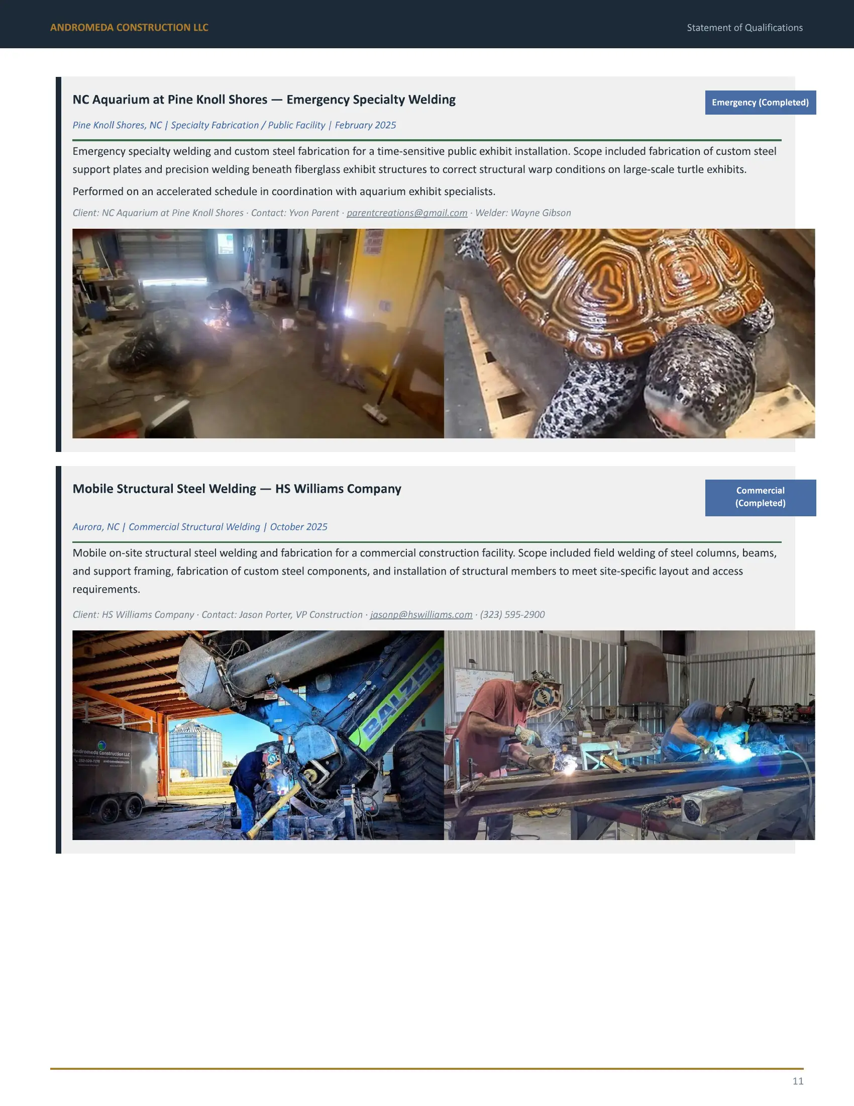 Statement of Qualifications page 11 — NC Aquarium — Emergency Welding